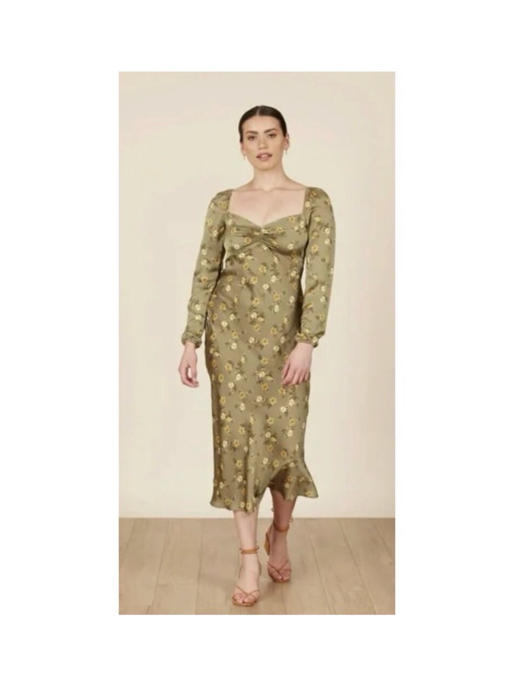 Park & Fifth Olive Green Floral Twist-Front Midi Dress